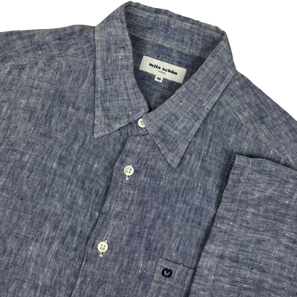 Mila Schon Milano Linen Shirt Mens IT 48 Blue Short Sleeve Button Up Japan